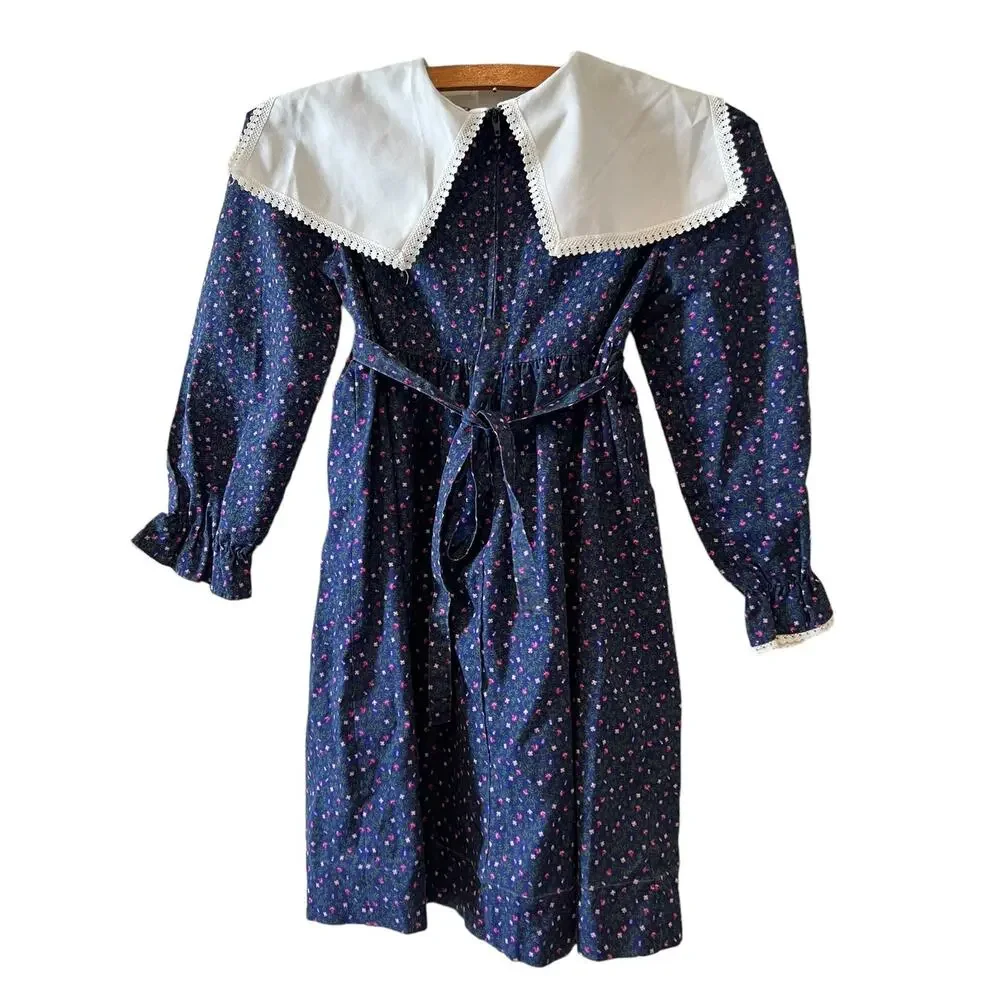 Vintage 80s Polly Flinders Girls Hand Smocked Dress Sailor Collar 7